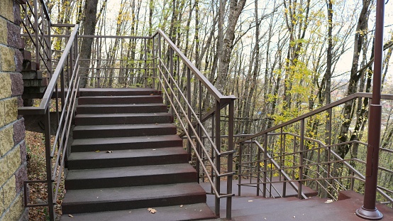 an empty staircase with metal railings and several flights in an autumn park, a fragment of a large city staircase in a deserted park without people, steps of a street pedestrian staircase against the backdrop of tree trunks