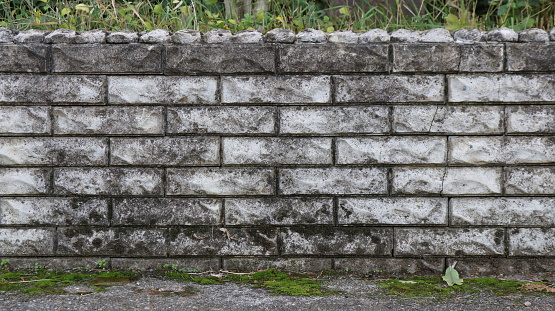 graphic resource of black and gray textured bricks in the structure of a street element of a building, framed by green grass of a lawn, beautiful dark background with a relief surface of a block wall outdoor