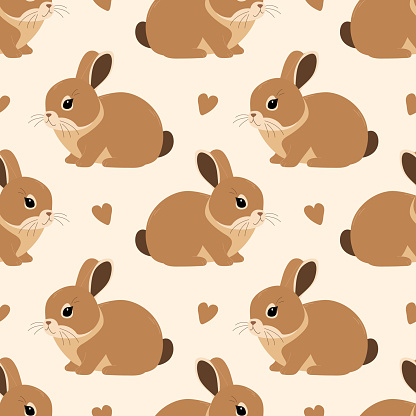 Seamless pattern with cute beige rabbit and hearts isolated on beige background. Vector flat illustration