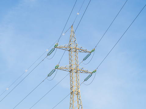 Beautiful early morning view of power lines with electricity transmission pylon and flowering yellow gorse captured before sunrise in Ticknock Forest National Park, County Dublin, Ireland