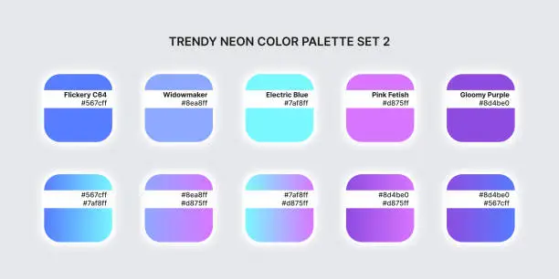 Vector illustration of Fashion bright neon color trend pallete. Colour palette with different shades and gradient. Neomorphism square on grey background. Paint palette mock up. Vector illustration
