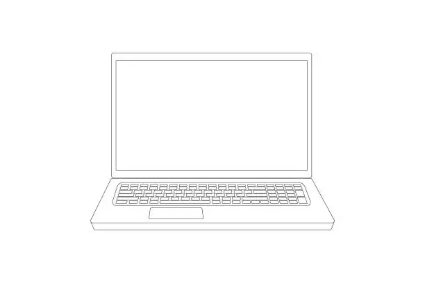Vector illustration of laptop notebook computer, line art. Display on white background.
