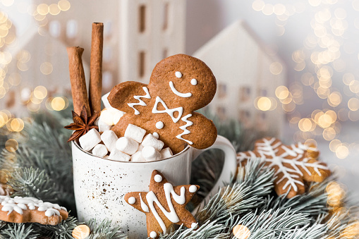 Homemade Christmas ginger cookies in powdered sugar. Delicious ginger man in a mug with coffee and marshmallow marshmallows on the background of a bokeh of Christmas tree lights. Freshly baked gingerbread.