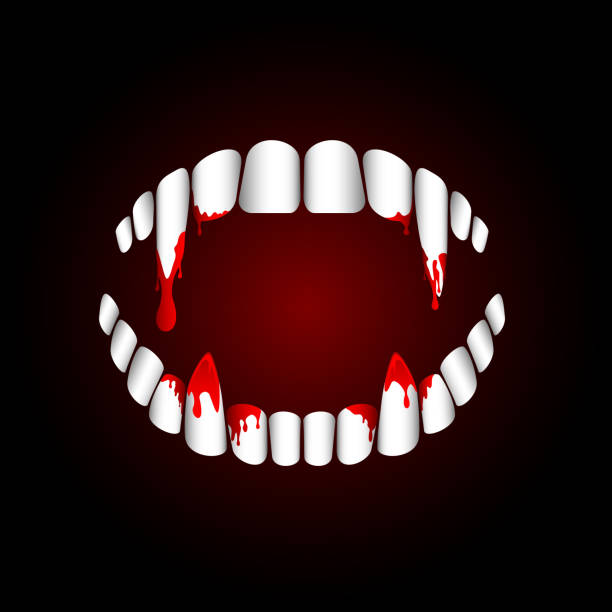 Vampire teeth Vampire teeth with blood on dark background, illustration. vampire stock illustrations