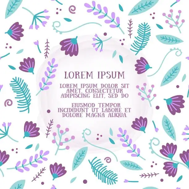 Vector illustration of Seamless pattern of purple, pink handdrown flowers, green leafs, plants with watercolor circle and text in the centre on white background. Vector illustratio