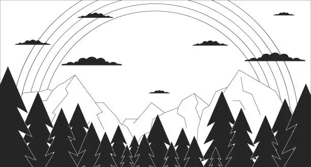 Vector illustration of Peaceful rainbow in mountains black and white cartoon flat illustration