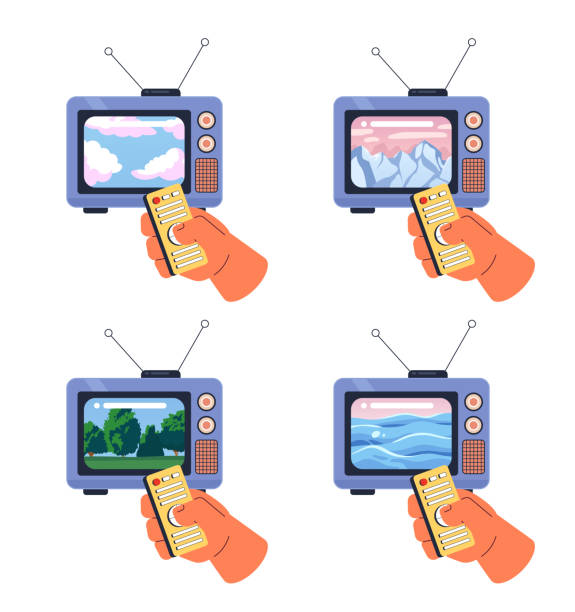 istock Peaceful landscapes retro tv watching 2D illustration concepts set 1813541700