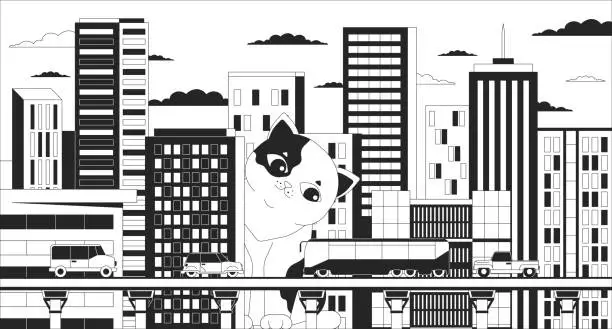 Vector illustration of Giant cat watching over city black and white 2D illustration concept