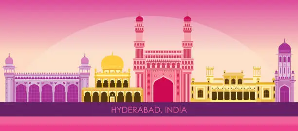 Vector illustration of Sunset Skyline panorama of city of Hyderabad, India