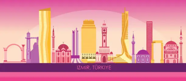 Vector illustration of Sunset Skyline panorama of city of Izmir, Turkiye
