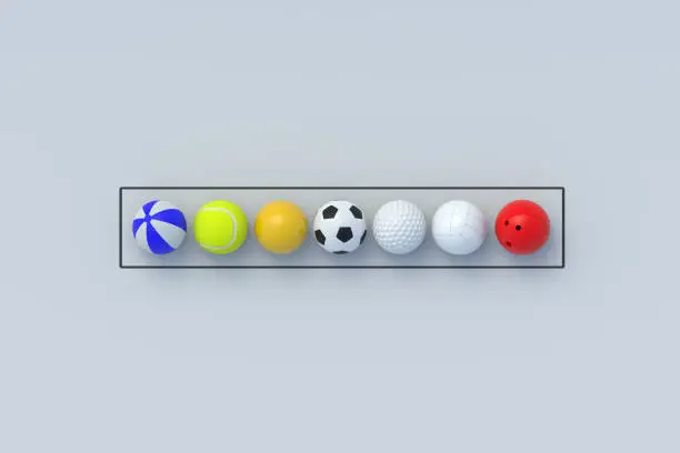 Photo of Row of different sports balls in frame. International championship. Healthy lifestyle. Supplies for active games. Hobby and leisure. Team tournament. 3d render