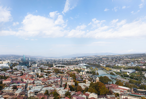 panoramic view of Tbilisi, the old city and modern buildings, churches and the river
