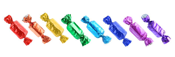 istock Tasty candies in bright wrappers isolated on white, set 1813639362