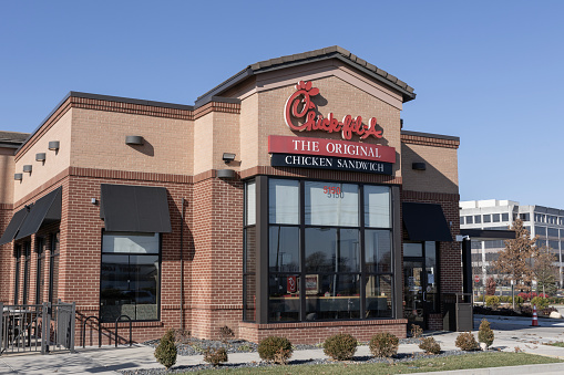 Mason - November 23, 2023: Chick-fil-A chicken restaurant. With its chicken meals and waffle potato fries, Chick-fil-A is wildly popular.