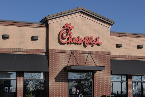 Mason - November 23, 2023: Chick-fil-A chicken restaurant. With its chicken meals and waffle potato fries, Chick-fil-A is wildly popular.