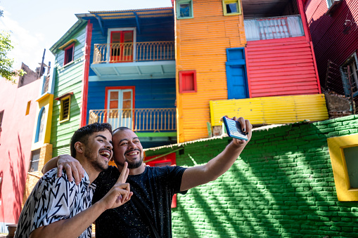 gay tourist couple in Buenos Aires La Boca, Caminito