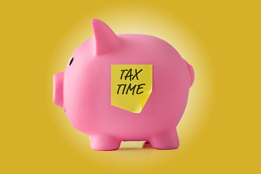Pig piggy bank and tax time concept on yellow background