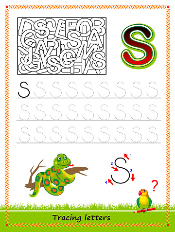 Worksheet for tracing letters. Find and paint all letters S. Kids activity sheet. Educational page for children coloring book. Developing skills for writing and tracing ABC. Online education.