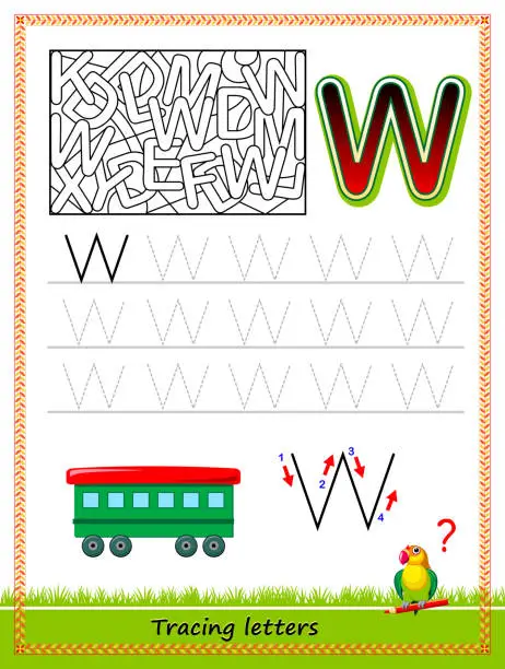 Vector illustration of Worksheet for tracing letters. Find and paint all letters W. Kids activity sheet. Educational page for children coloring book. Developing skills for writing and tracing ABC. Online education.