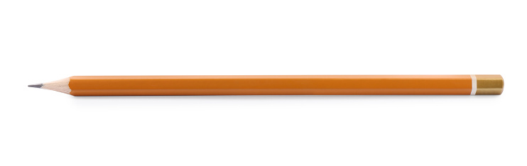 Side view of old short yellow pencil with rubber end against white background.
