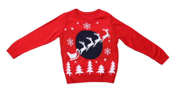 Red Christmas sweater with reindeer ornament isolated on white, top view