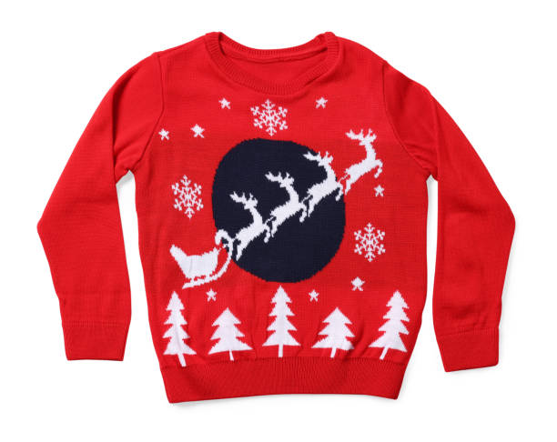 istock Red Christmas sweater with reindeer ornament isolated on white, top view 1813651843