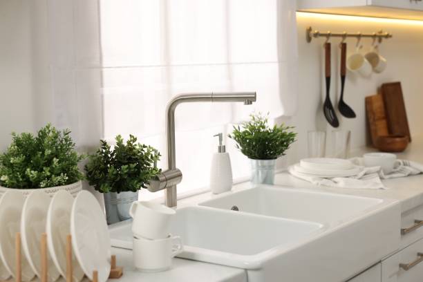 istock Clean dishes and artificial plants on light countertop near sink in kitchen 1813652925