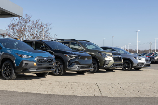 Cincinnati - November 23, 2023: Subaru Crosstrek, Solterra, Ascent and WRX display at a dealership. Subaru offers cars, SUV and EV electric vehicles.