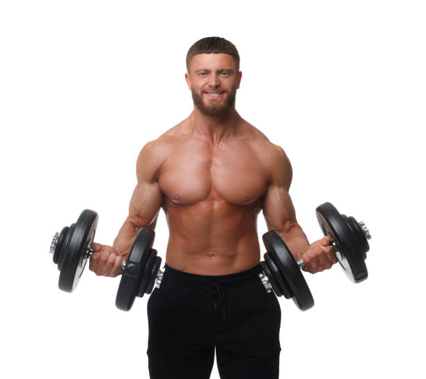 istock Young bodybuilder exercising with dumbbells on white background 1813674641