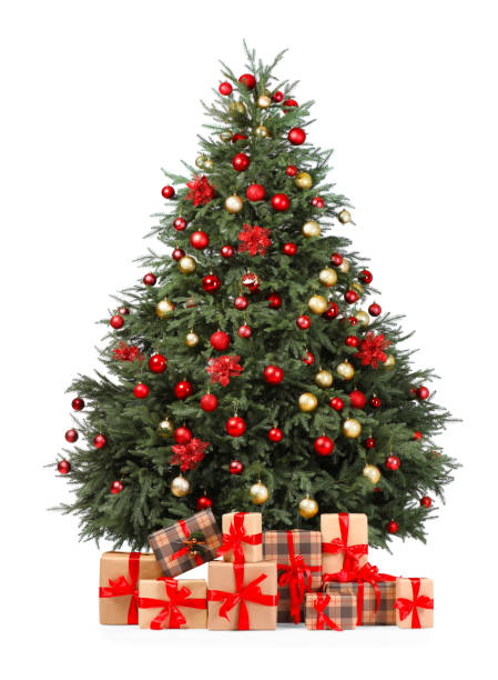 istock Beautiful Christmas tree with many gift boxes isolated on white 1813687256
