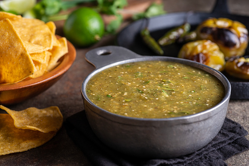 Roasted Tomatillo Salsa (Salsa Verde) with Serrano Chili Peppers