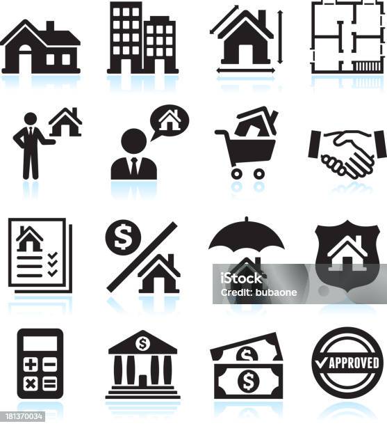 Real Estate Business Black White Vector Icon Set Stock Illustration - Download Image Now - Black And White, Calculator, House