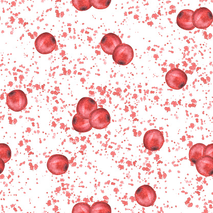 Watercolor painted red berries seamless pattern, holly berry or cranberries with watercolor stains, splashes Christmas, New year illustration wrapping paper, wallpaper. Isolated on white background.