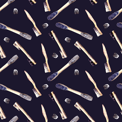 Climbing sport brush for cleaning magnesia from rocks seamless pattern. Boulder brush.Hand drawn watercolor Illustration on dark background. Design for wrapping paper, packaging, wallpaper, fabrics
