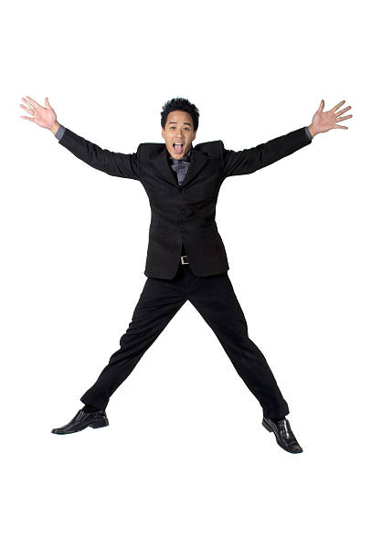 istock Business man jump raise one's hand Glad isolated 181375160
