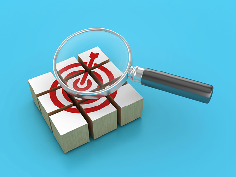 Target Blocks with Magnifying Glass - Color Background - 3D Rendering
