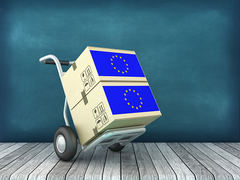 Hand Truck and European Cardboard Boxes - Chalkboard Background - 3D Rendering