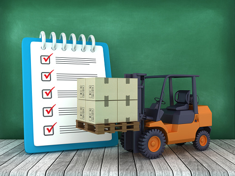 Forklift Truck with Check List Clipboards - Chalkboard Background - 3D Rendering