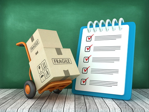 Hand Truck with Check List Note Pad - Chalkboard Background - 3D Rendering