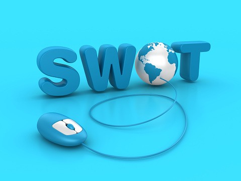 3D Word SWOT with Globe World Map and Computer Mouse - Color Background - 3D Rendering