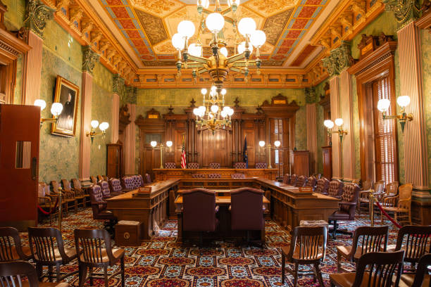 Lansing, Michigan - United States - November 13th, 2023: Interior of the old Michigan Supreme Court, built in 1879, at the Michigan State Capitol Building in Lansing, Michigan.