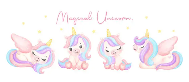 Vector illustration of group of Cute unicorns watercolor banner, dreamy nursery Art illustration. Magical Unicorn.