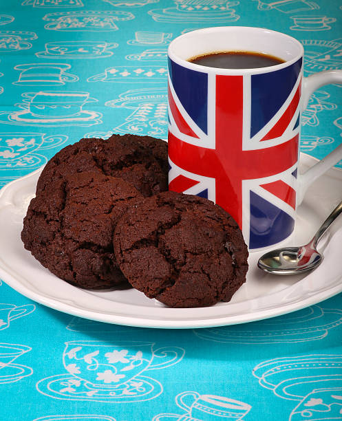istock Dark Chocolat Cookies White Plate English Flag Mug Coffee 181384436