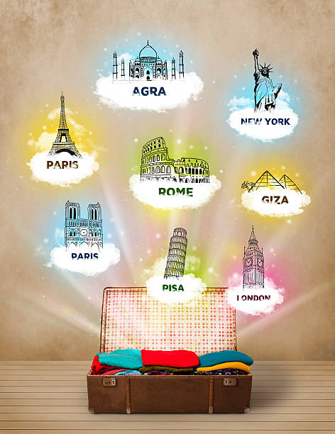 istock Tourist suitcase with famous landmarks around the world 181384484