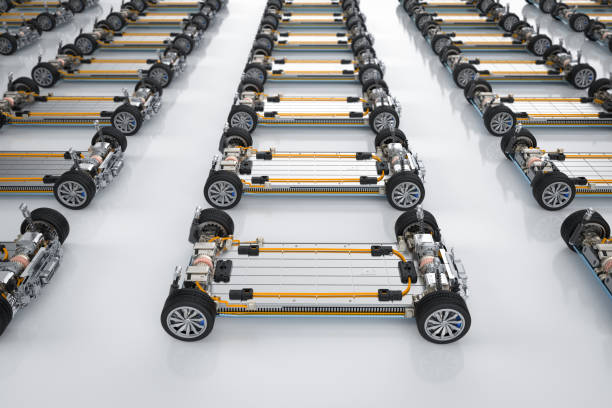 istock Electric cars assembly line with pack of battery cells module on platform 1813860754
