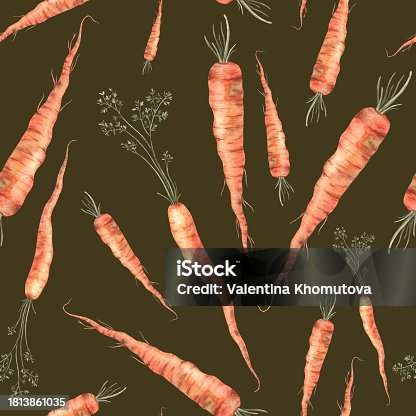 istock Seamless watercolor surface pattern of bright carrots with greens. Hand drawn botanical illustrations on isolated background. It can be used in print design, for cards, wallpaper, fabric, wallpaper, posters, backgrounds. Pattern with a dark background 1813861035