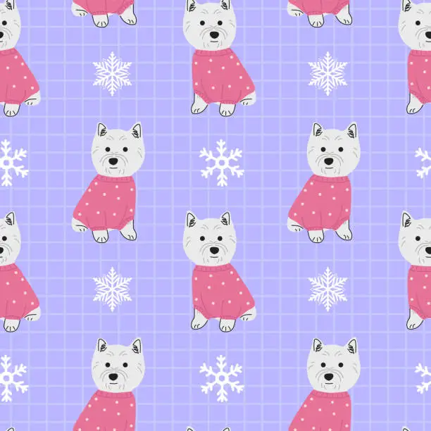Vector illustration of Seamless pattern with Christmas West Highland White Terrier on blue checkered background. Background for wrapping paper, greeting cards and seasonal designs.