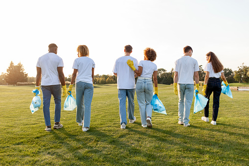 multiracial group of people volunteers in gloves with garbage bags collect garbage and plastic in the park, team of students help green the planet, youth take care of the environment, rear view