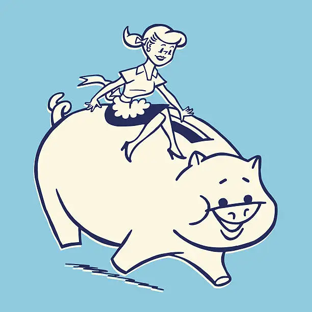 Vector illustration of Homemaker Sitting on a Piggy Bank