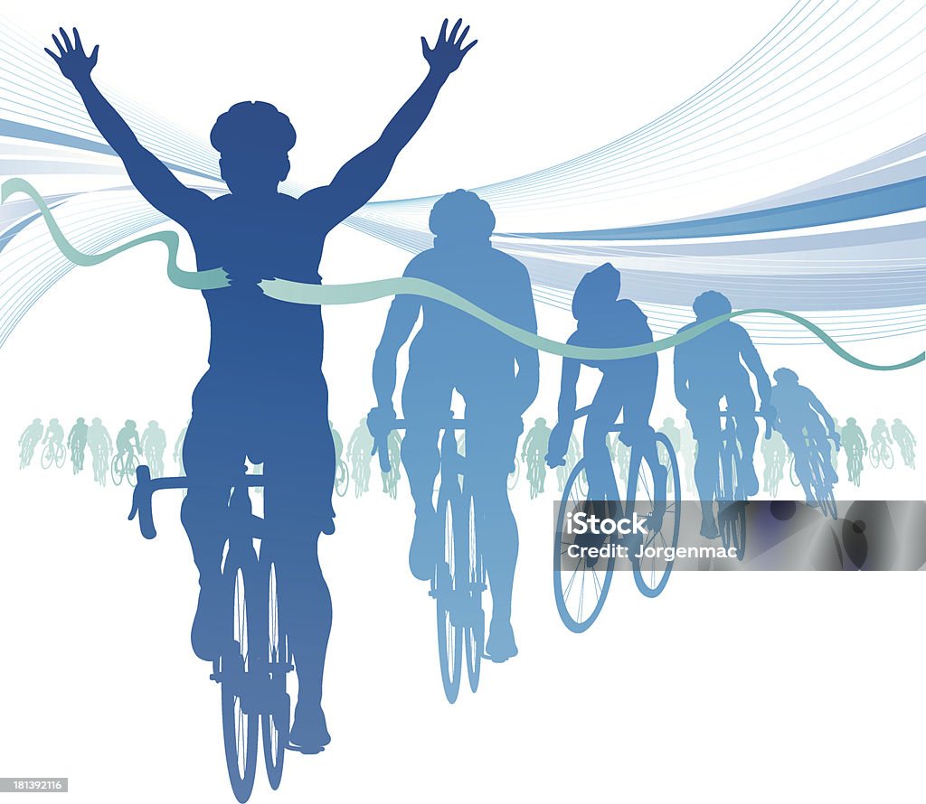 Abstract Cyclist winning the race against competitors. Illustration of a Winning Athlete raising his hands in celebration of winning a race against competitors with abstract swirl background. Hi-res Jpeg, PNG and PDF files included. Cycling stock vector